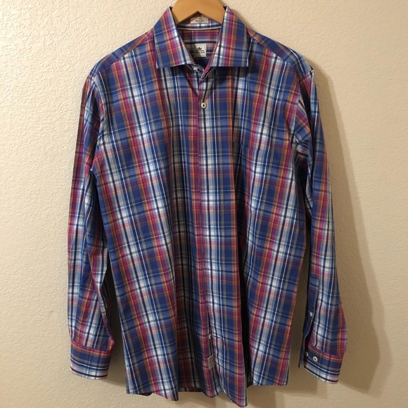 Peter Millar Button Down Plaid 100% Cotton Dress Shirt in Blue & Pink Size Large - Picture 1 of 5